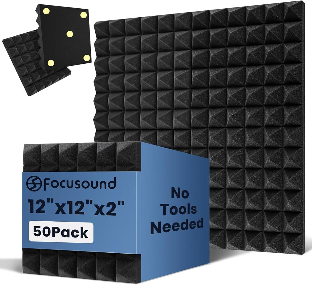 Focusound Acoustic Panels 50 Pack 2"x12"x12" with 300 PCS Double-Side Adhesive - Sound Proof Pyramid Foam for Walls, Home Studio Noise Absorption & Echo Control Kit