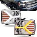ISHARINGAUTOPARTS Headlights Assembly Compatible with 2007 2008 2009 2010 2011 2012 2013 Chevy Silverado 1500 w/LED DRL Projecter Headlamp, Chrome Housing, 2 Pack
