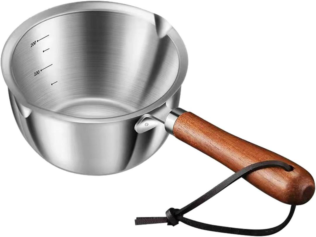 Butter Warmer With Wooden Handle for Seafood, Mini Milk Warmer Stainless Steel for Coffee, Melting Pot Small Heating Cookware Soup Warmer Pan (5.28oz/150ml)