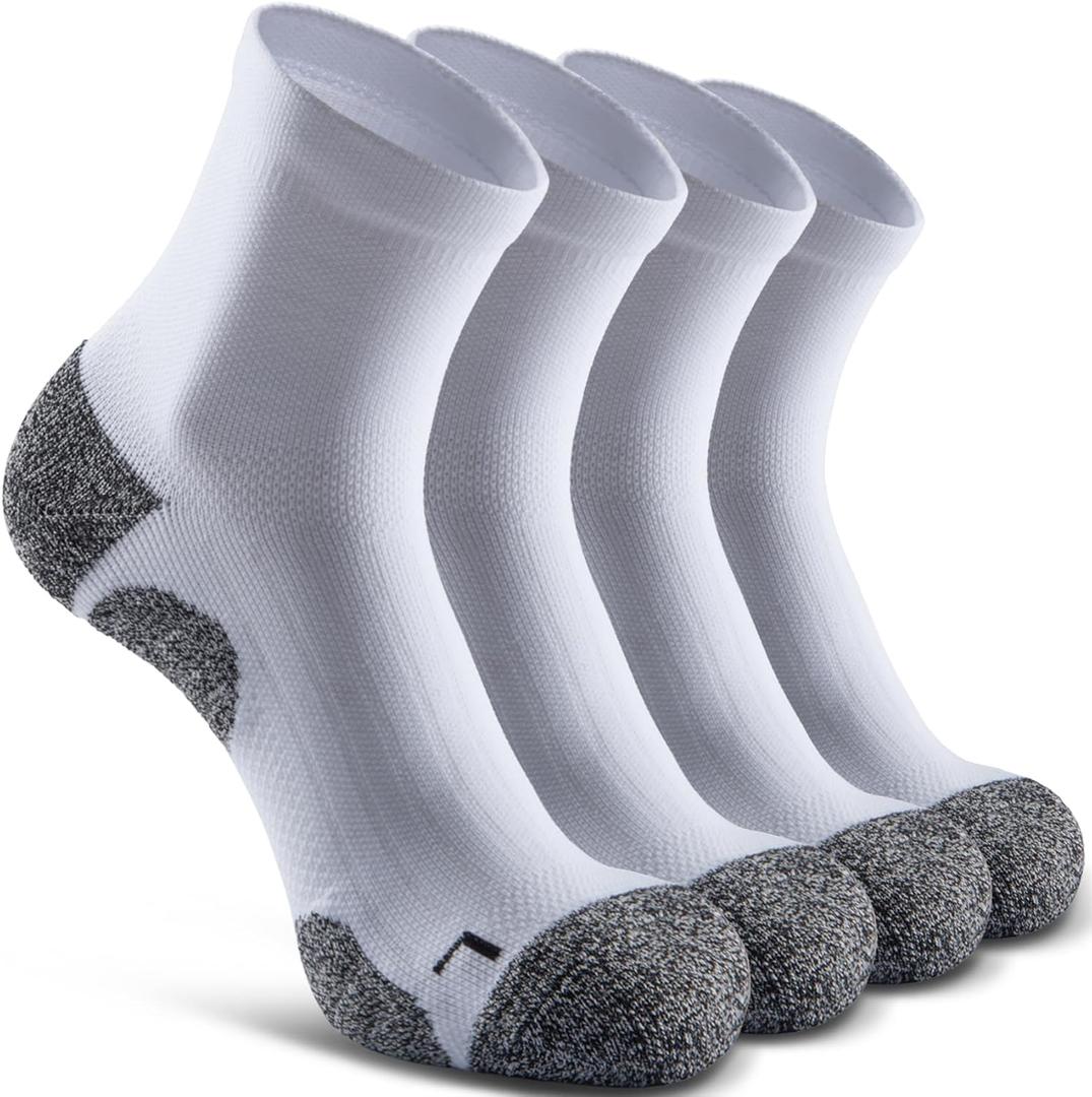 Quarter Compression Socks for Men Women, Cushioned Running Hiking Socks Large, White (4 Pairs)