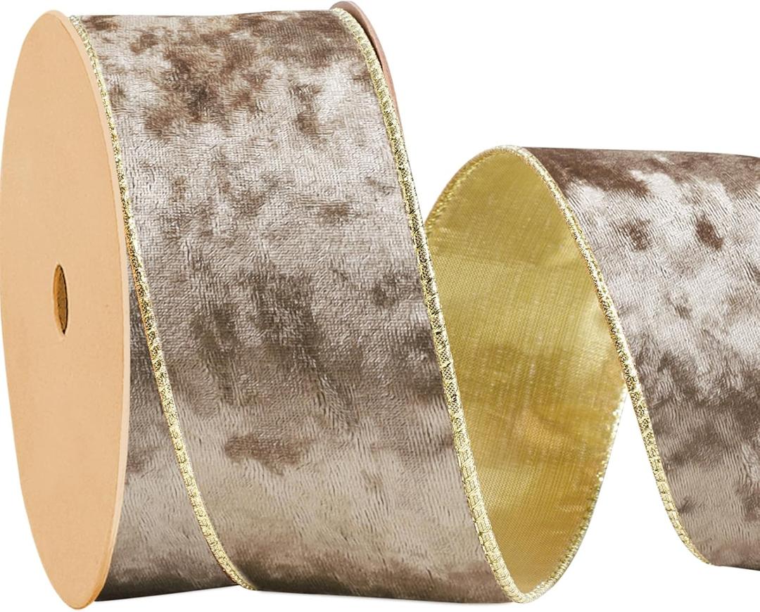 LaRibbons Brown Velvet Ribbon Wired, Luxury Christmas Ribbon for Gift Wrapping, Tree, Wreath Bows, Outdoor and Holiday Decor  2.5 Inch x 10 Yards (Camel)