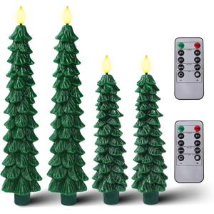 BUTITNOW 4 Pcs Flameless Taper Candles, Christmas Tree Candles with Remote, Battery Operated Candlesticks - Snow-Covered Effect Design - 10 Inches Flickering LED Window Candle Lights