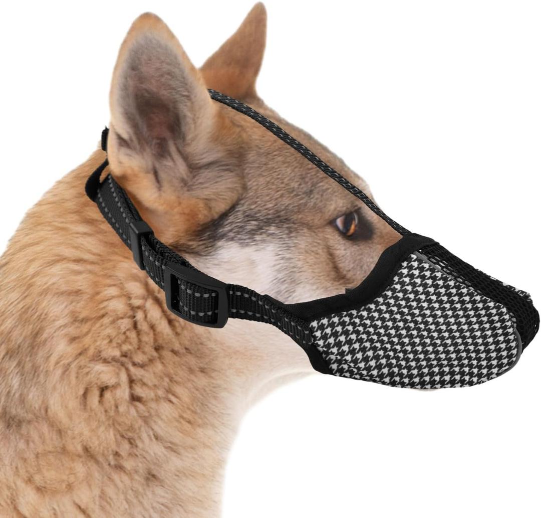 Breathable Mesh Muzzle for Dog, Anti Barking & Biting Chewing Dog Mouth Guard with Reflective Strap Adjustable Soft Basket Muzzle for Small Medium Large Sized Dog (XL), black, white