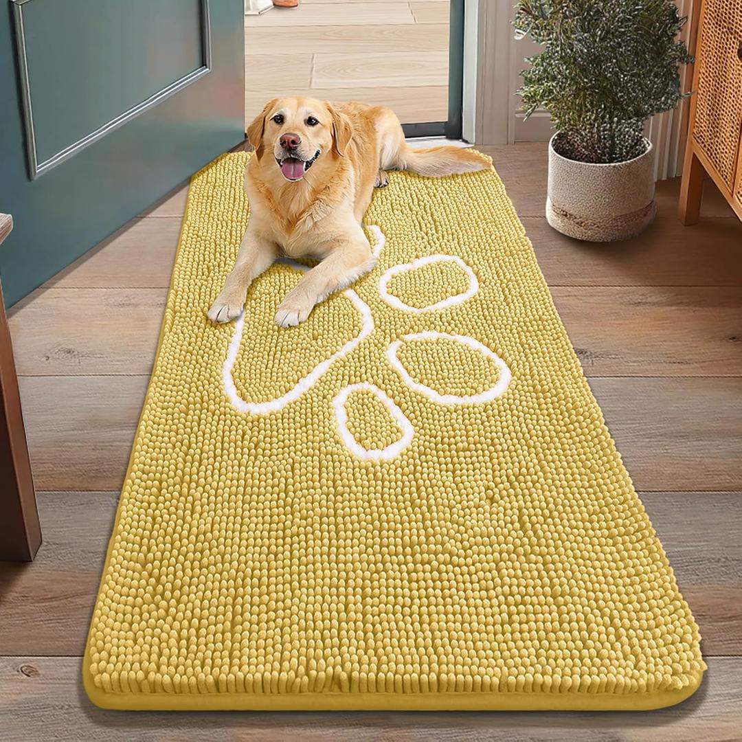 Smiry Dog Door Mat for Muddy Paws, Absorbent Dirt Trapper Non Slip Quick Dry Washable Chenille Mat for Mud Dogs, Entry Rug for Indoor and Outdoor (48x30 Inches, Yellow and White)