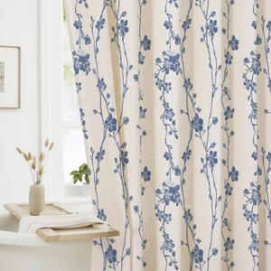 Navy Blue Farmhouse Linen Shower Curtain, Boho Floral Fabric, 72 x 72