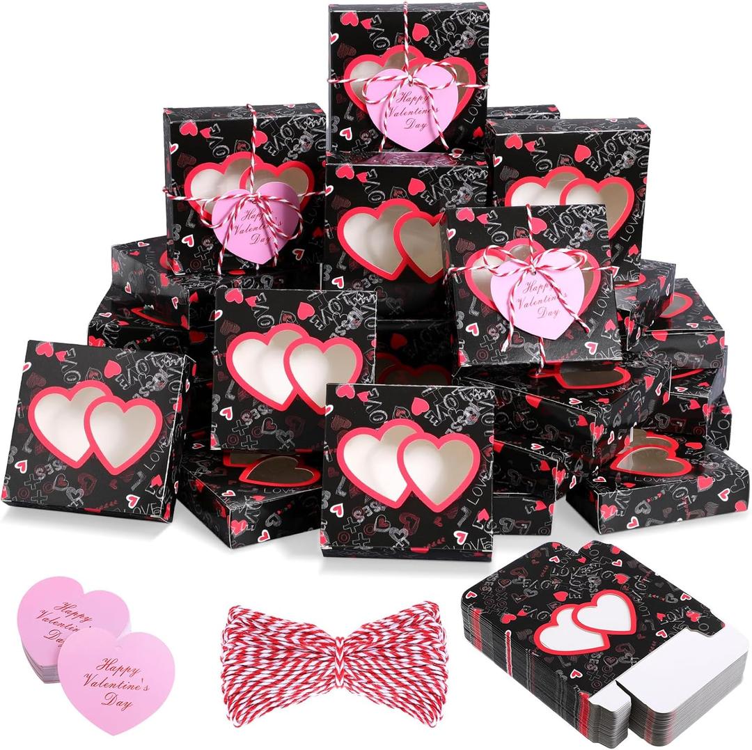 Tioncy 48 Pcs Valentines Cookie Boxes with Window Small Pink Bakery Boxes 4.3x4.3x1.2 Inch Dessert Containers with Heart Cards and Rope for Candy Muffin Homemade Soap Valentine Party Gift(Love)