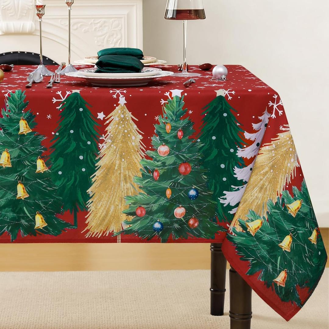 NOVILYS Red Christmas Tablecloth, Xmas Tree and Snowflake Printed Table Cloths, Stain Resistant Washable Winter Holiday Table Cover for Dining Room, Party Decor, Xmas Dinner, 60 x 102 Inch