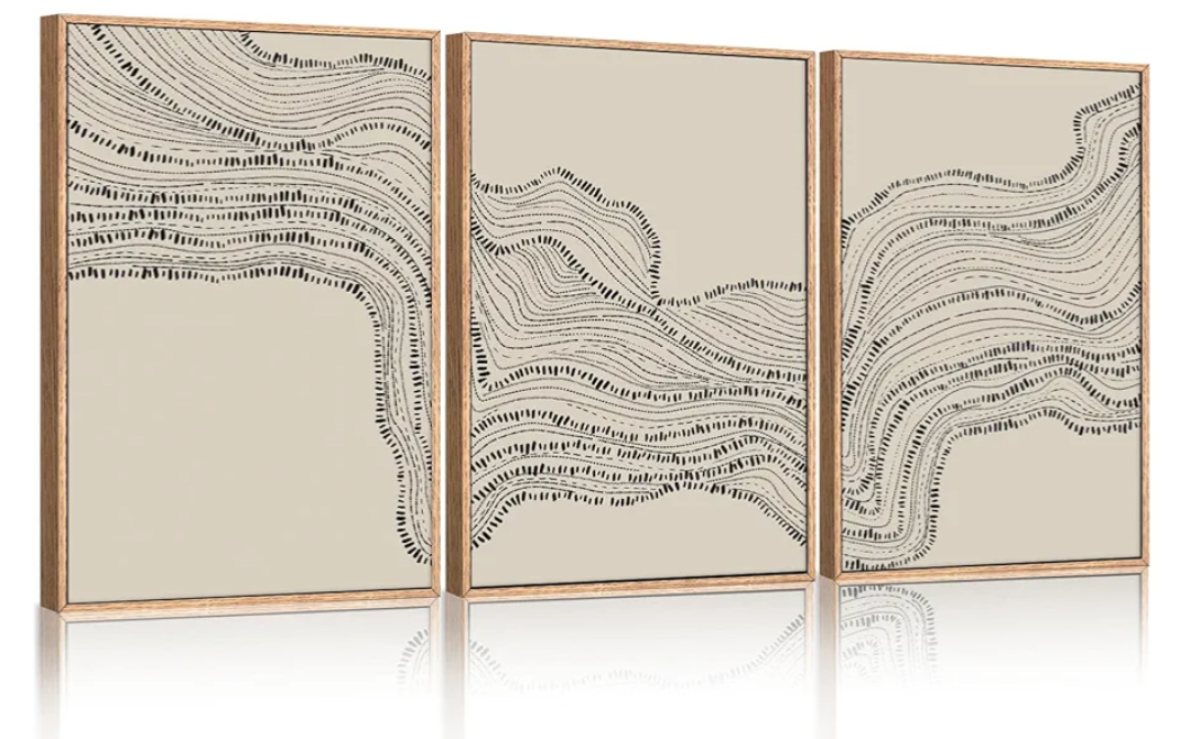 HLNIUC Neutral Abstract Framed Canvas Wall Art Set, Black Beige Wave Line Wall Decor, Large Minimalist Painting, Modern Geometric Art Print for Living Room, Bedroom, Dinning Room, Office - 16"x24"x3