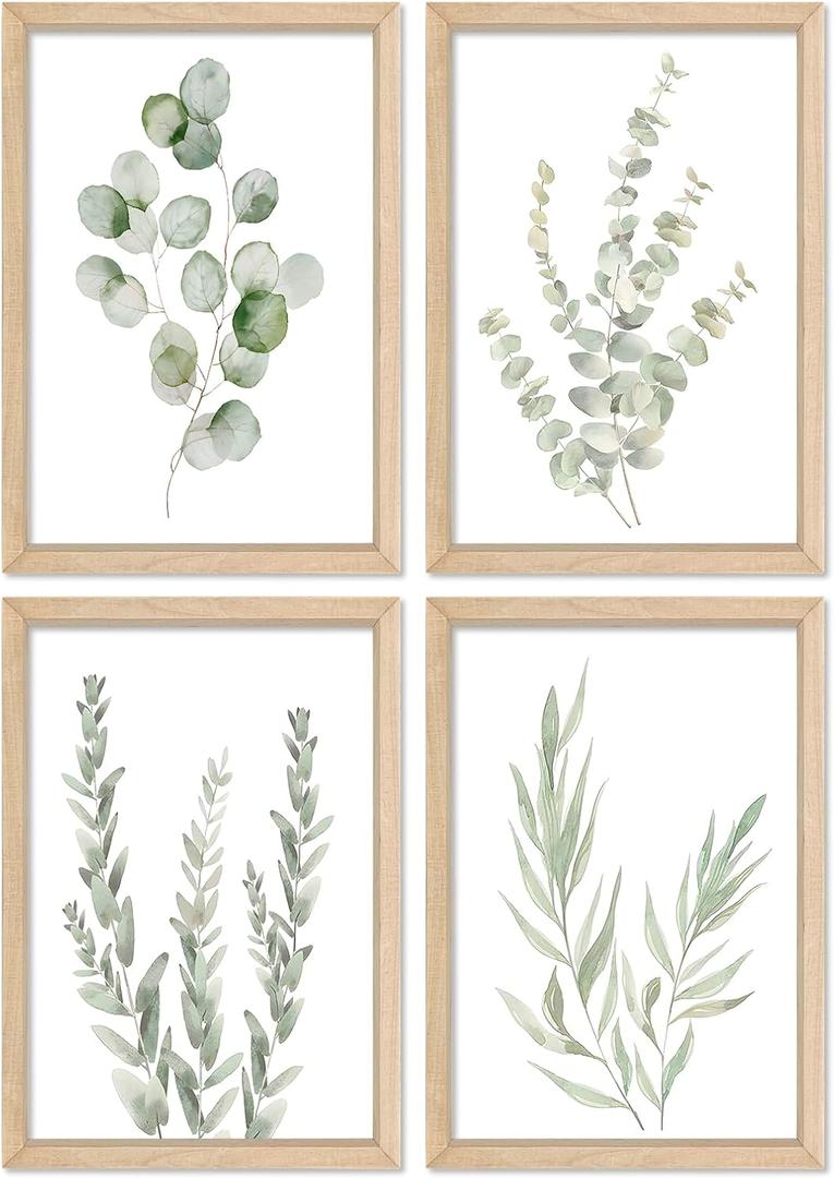 YWJKWLGS Botanical Watercolor Prints Sign Sage Green Eucalyptus Wall Decor 11x16 Inch Set of 4 Minimalist Wood Framed for Bathroom Laundry Room Office Wall Hanging Art (Wood)