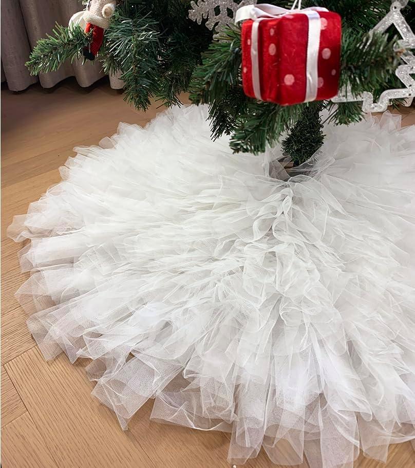 AISENO 60 Inch Fluffy Tulle Christmas Tree Skirt, Elegant Vintage Design, Christmas Tree Decorations White