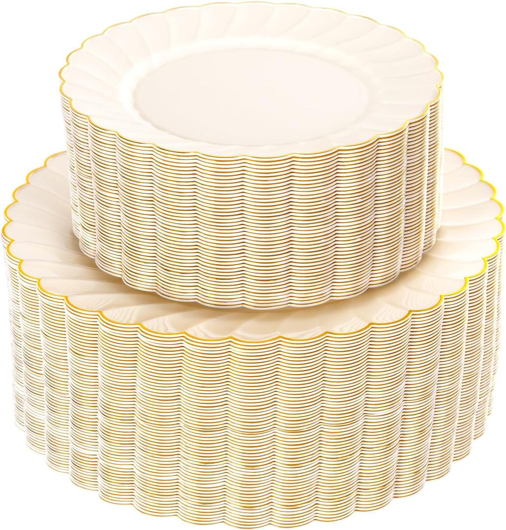 YOUBET 100PCS Ivory Scalloped Plastic Plates  Heavy Duty Gold Disposable Fancy Hard Plates Include 50 Dinner Plate, 50 Dessert Plate, for Wedding & Party Valentines Day