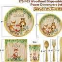 Woodland Baby Shower Decorations Supplies - 175PCS Forest Animal Disposable Dinnerware Set (25 Guest) With Gold Paper Plates Cups Napkins Plastic Fork Knives Spoon for Baby Boy Birthday Party
