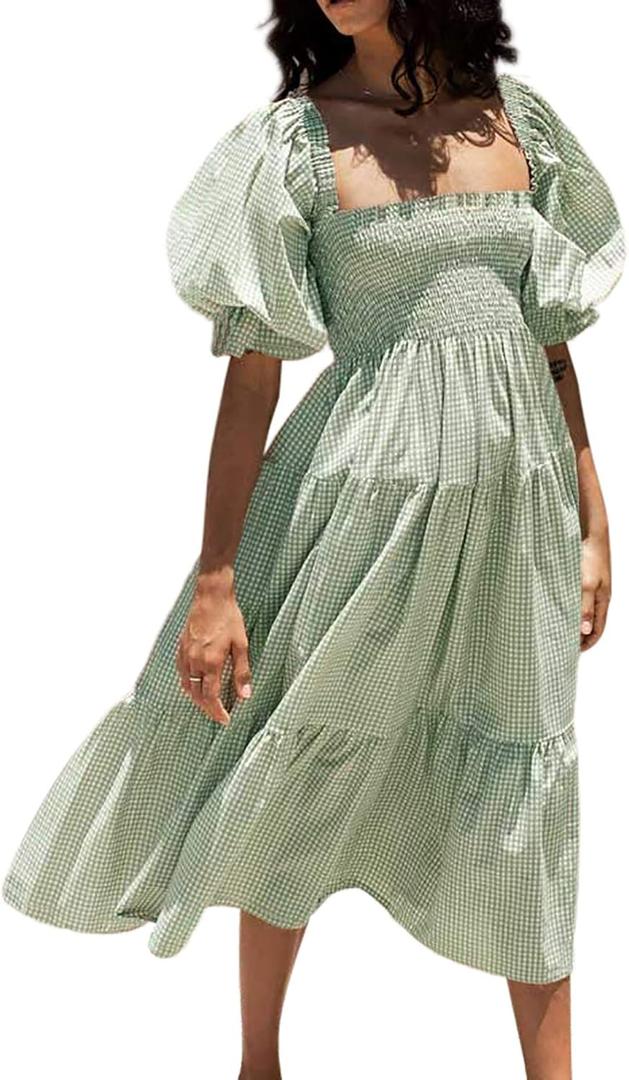R.Vivimos Women's Summer Cotton Plaid Puff Sleeves Bow Casual Off-Shoulder Boho Midi Dress (Small)