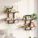 Floating Shelves for Wall Set of 2, Wood Wall Shelf with 6 Hooks, 2 Tier Hanging Decorative Storage Shelves for Living Room Bedroom Bathroom Kitchen Office Coffee Bar, Rustic Brown