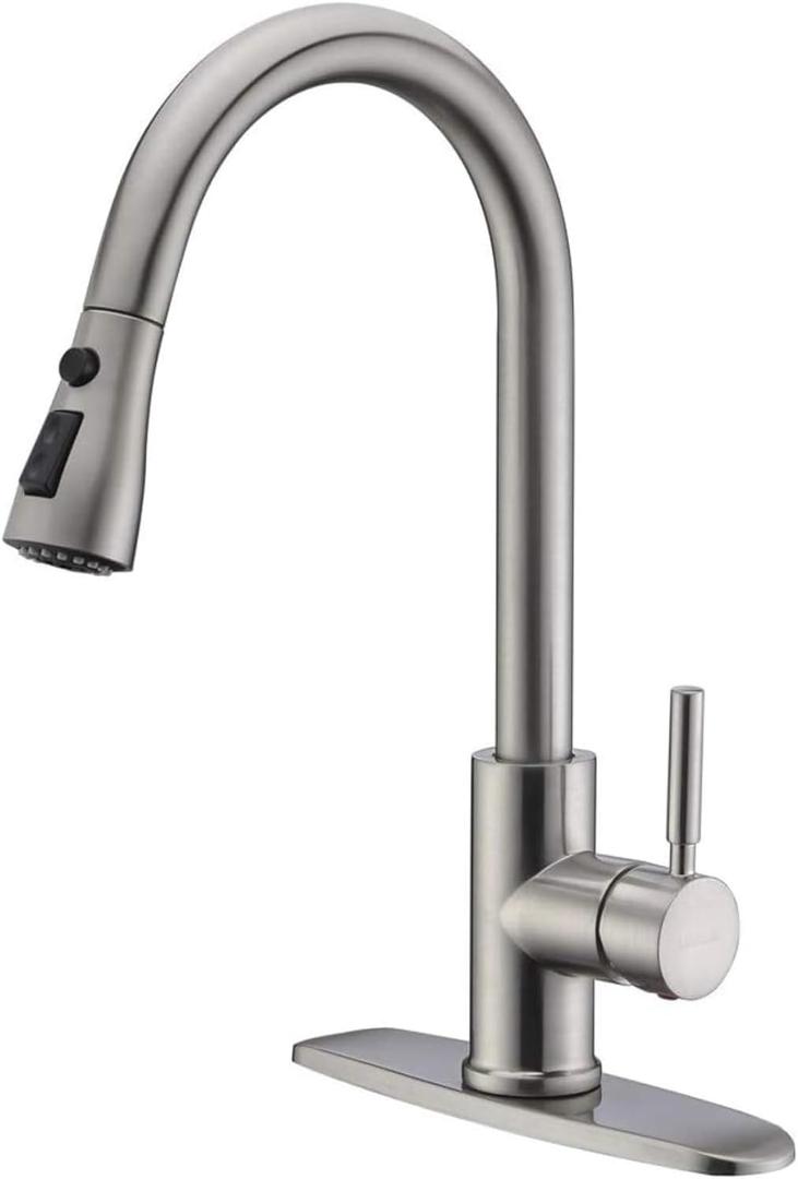 WEWE Single Handle High Arc Brushed Nickel Pull Out Kitchen Faucet, Single Level Stainless Steel Kitchen Sink Faucets with Pull Down Sprayer, Suitable for Laundry Rv Bar