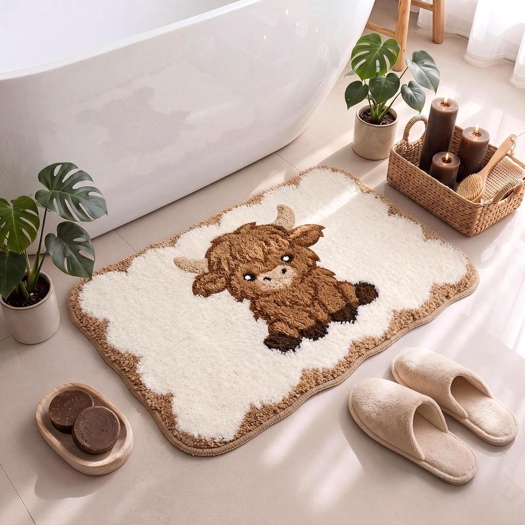Breling Highland Cow Bathroom Rug, Brown White Flocked Western Cow Bath Mat with Scalloped Edge, Non Slip Absorbent Tufted Floor Mat for Bathroom Tub Shower Farmhouse Decor, 24 x 16 Inches