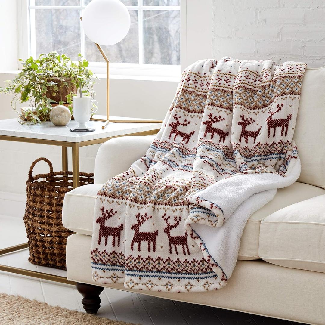 Eddie Bauer | Smart Heated Electric Throw Blanket - Reversible Sherpa - Fair Isle Silver