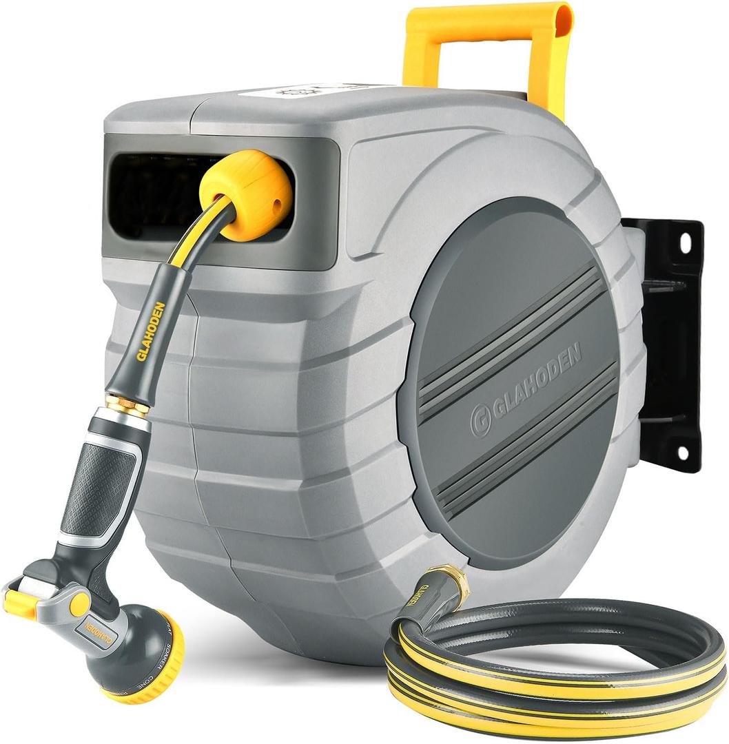 GLAHODEN Retractable Garden Hose Reel 5/8 in x 115 ft with Metal Bracket, 2025 Upgraded Dual Ratchet Lock UV & Freeze Protection Brass Seal Slow Retraction Anti-Tangle Hose 180 Swivel