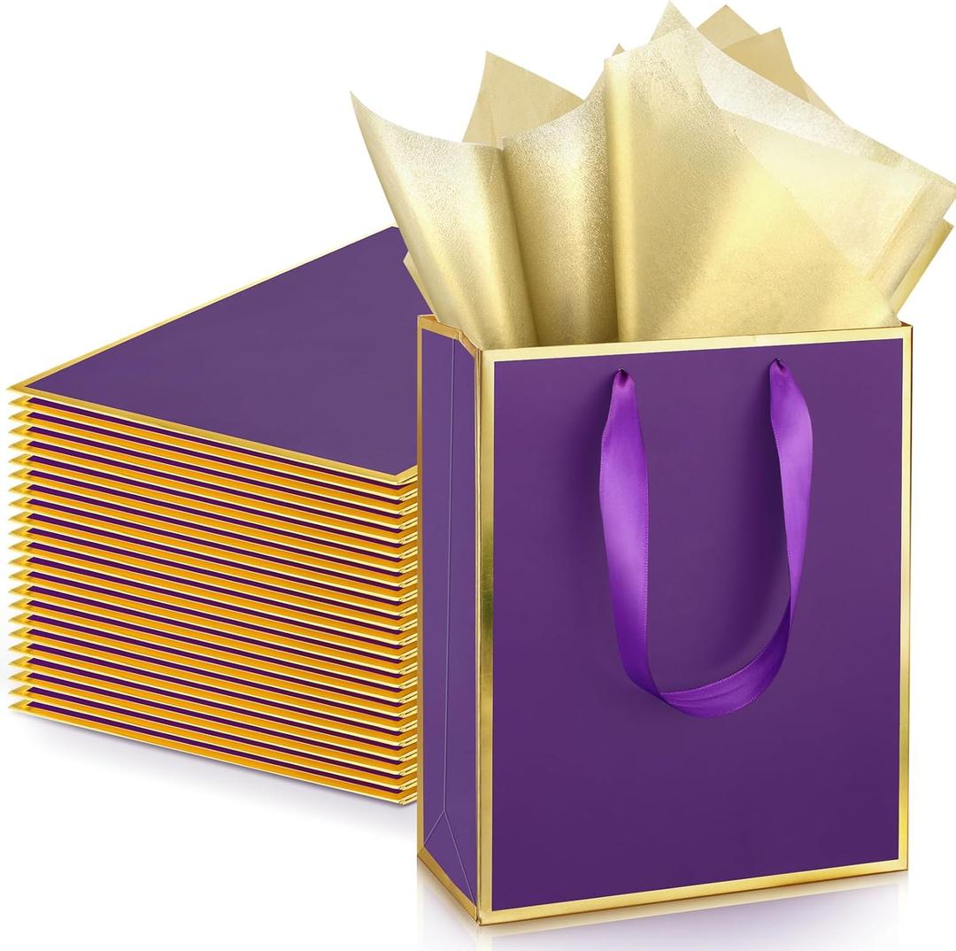 Yeaqee 24 Pack Metallic Paper Gift Bags with Handle and Tissue 9x7x3.1 Gold Foil Welcome Thank You Favor Bags Return Gifts for Wedding Mothers Graduation Bridesmaid Birthday(Purple Gold)
