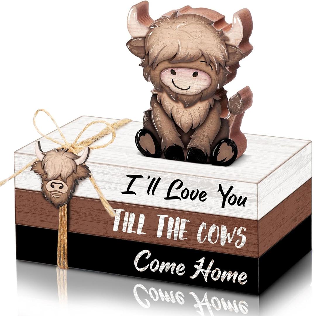 Anglechic 4 Pcs Highland Cow Wood Book Stacks Decor Highland Cow Wooden Tiered Tray Decor Rustic Table Centerpiece Block Signs Christmas Decorations for Home Dining Table Mantel Shelf