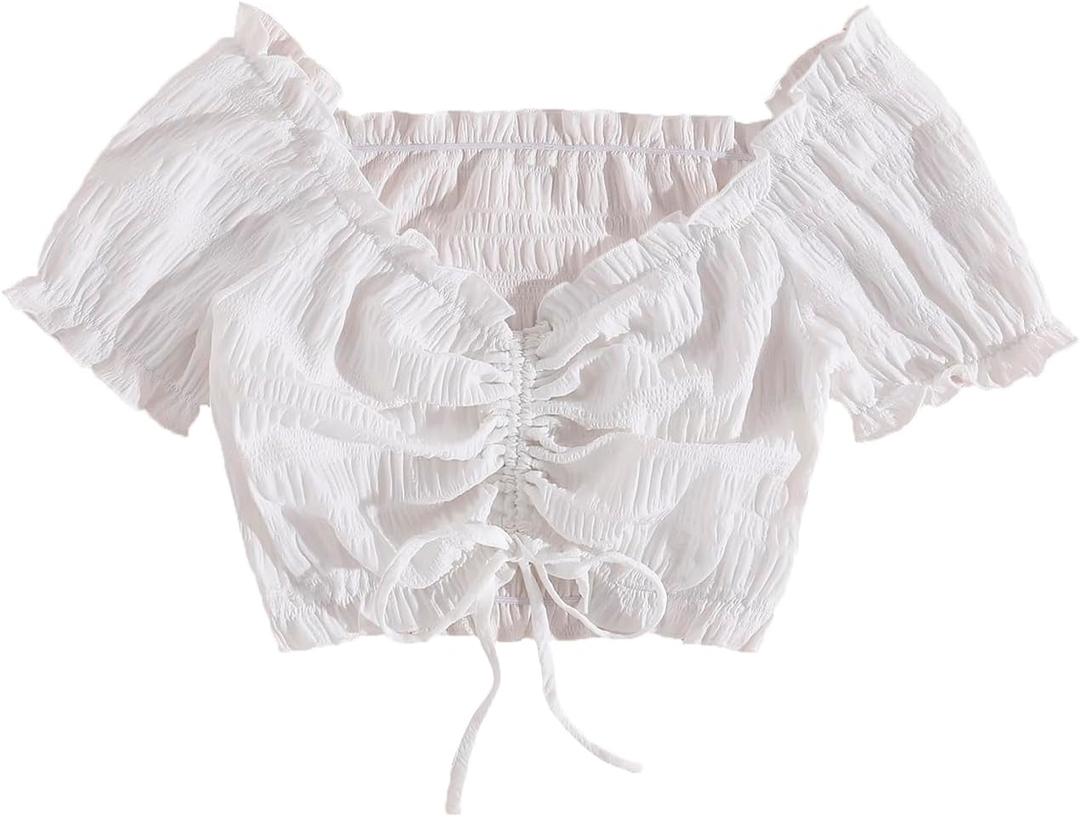 Women's Drawstring Ruched Crop Blouse Bow Tie Ruffle Short Sleeve Going Out Tops (White, S)
