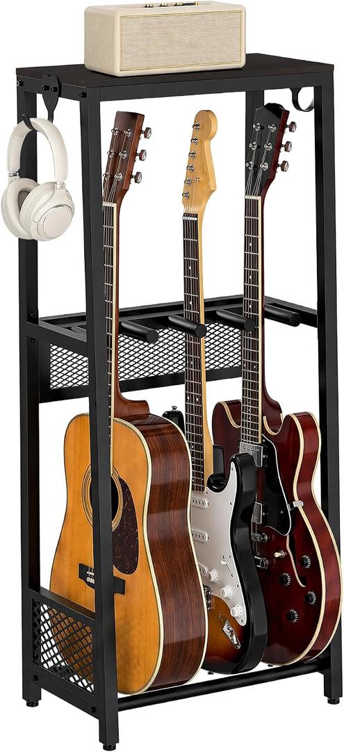 EmberGlow Multi-Guitar Stand with Top Display Shelf - Heavy Duty 24.5 lbs Metal Guitar Rack with Adjustable Spacing & Soft 6mm EVA Padding, Premium Instrument Holder for Acoustic, Electric, Bass, Ukulele, Model S (Brown)