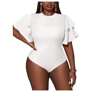 WDIRARA Women's Plus Size Layered Ruffle Short Sleeve Bodysuit Crew Neck Leotard Tops White 3X-Large Plus