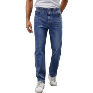 Mens Elastic Waist Jeans Relaxed Fit Stretch Denim Pants Straight Leg Jean with Zipper (Large, Blue)