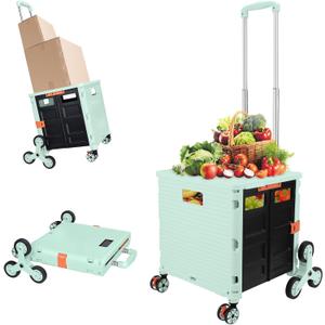 FELICON SELORSS Folding Utility Cart Portable Rolling Crate Handcart with Stair Climbing Wheels&360Swivel Wheels Telescoping Handle Plastic Box Dolly for Travel Shop Move Office Teacher Use(Green)