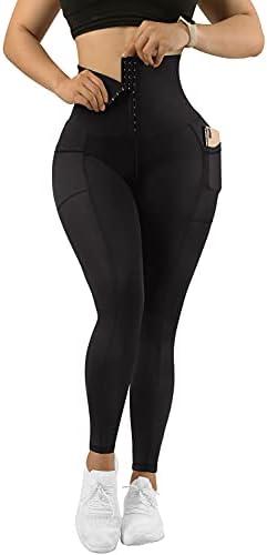 MOOSLOVER Women Corset High Waisted Leggings with Pockets Tummy Control Body Shaper Yoga Pants, M