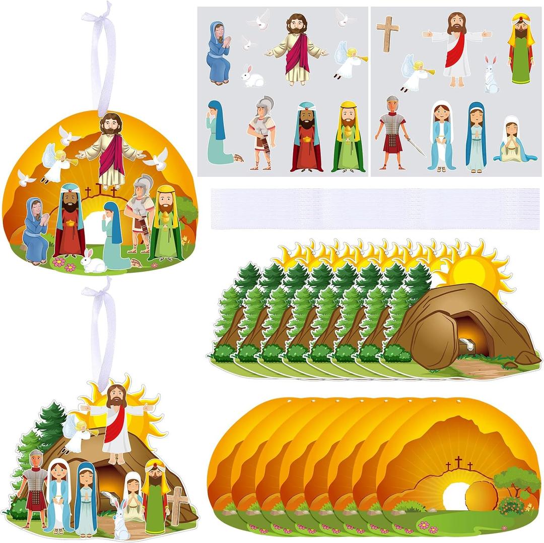 Civaner Make an Easter He Lives Sticker Scenes Religious Easter Craft Kit Resurrection Tree Ornaments Office Christian Jesus Stickers He is Risen Hanging DIY Art(16 Sets)
