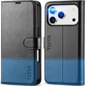 TUCCH Wallet Case for iPhone 17 Pro (6.3") 2025, RFID Blocking 4 Card Slots | Kickstand | Magnetic Closure | PU Leather | Shockproof TPU Shell | Protective Flip Cover | Black & Light Blue