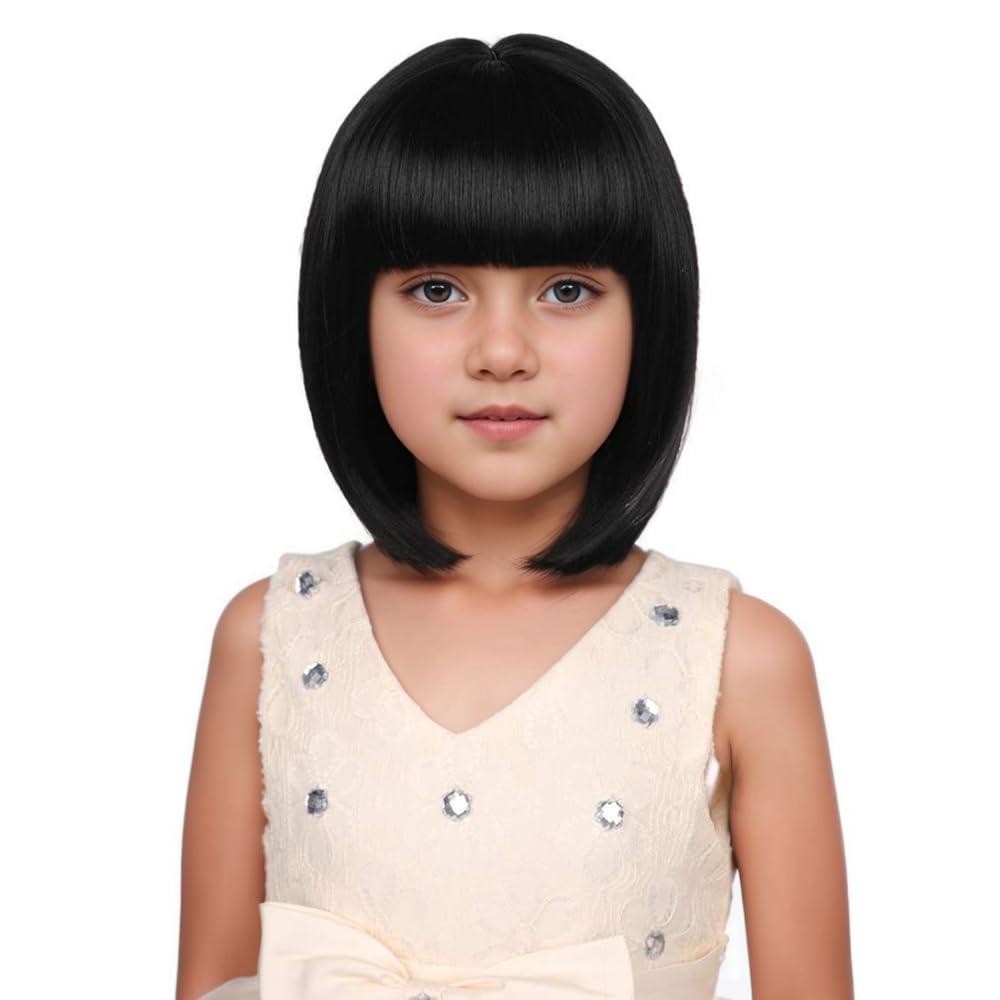 Kids Black Bob Wig Girls Short Straight Natural Black bob Wig with Bangs for Children
