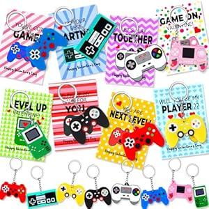 24 Pack Valentines Day Cards with Fun Video Games Keychains for Kids Classroom Exchange Gifts, 8 Designs Valentines Keychains and Encouragement Cards School Party Favor Goodies Bag Stuffers Toys