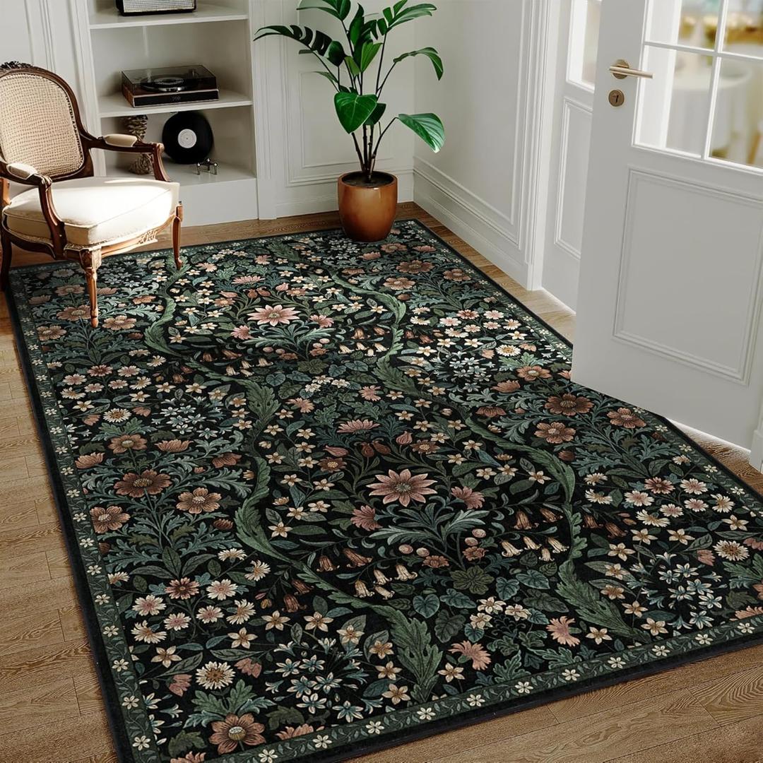4x6 Black Floral Boho Area Rug,Low-Pile Stain Resistant Non-Slip Machine Washable Carpet for Living Room,Bedroom, Kitchen,Entryway,Dining Room, Nursery,4' x 6' (Rectangular), Black