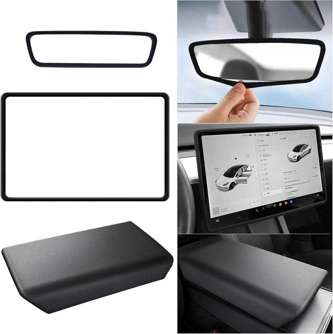 for 2017-2023 Tesla Model 3/2021-2024 Model Y Center Console Armrest Cover Screen and Internal Mirror Protective Cover Interior Accessories (Black-M3/Y-3pcs)