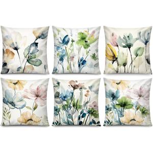COMMINY Spring Flower Pillow Covers 18x18 Inch Set of 6, Blue Green Pink Floral Throw Pillow Case for Couch Sofa Bed Decor, Spring Summer Pillow Covers, Indoor Decorative Cushion Cover