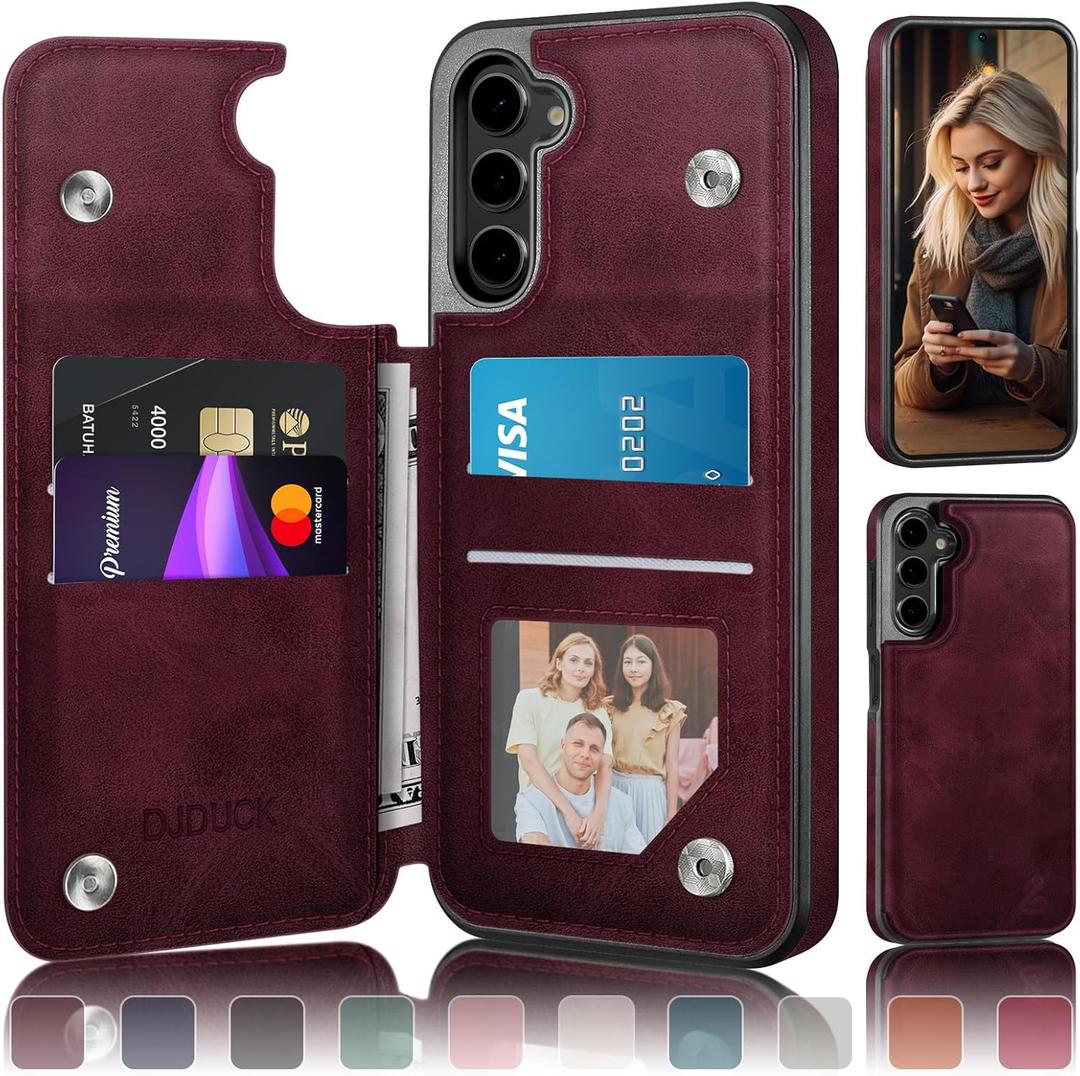 DJDUCK Designed for Samsung Galaxy S23 Case Wallet with Card Holder, [Magnetic Clasp Cover] [RFID Blocking Leather Protection] Shockproof Women Men Cases for Samsung S23 Wine Red
