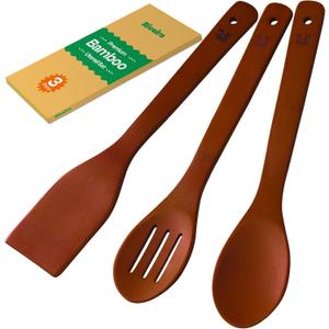 2 x Riveira Premium Brown Bamboo Wooden Spoons for Cooking Set of 3  Premium Brown Bamboo Wooden Cooking Utensils, Wooden Spatula, Wooden Spoon - Premium Quality Wooden Utensil Set for Non-Toxic Cooking