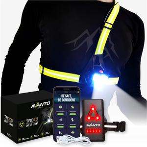 AVANTO Triple Beam Chest Lamp, Original, 500 Lumen LED Night Running Lights for Runners, Dog Walking Light, Long 5-7h Usetime, USB-C Rechargeable Battery, Running Headlamp, Reflective Vest (Yellow Straps_NP)