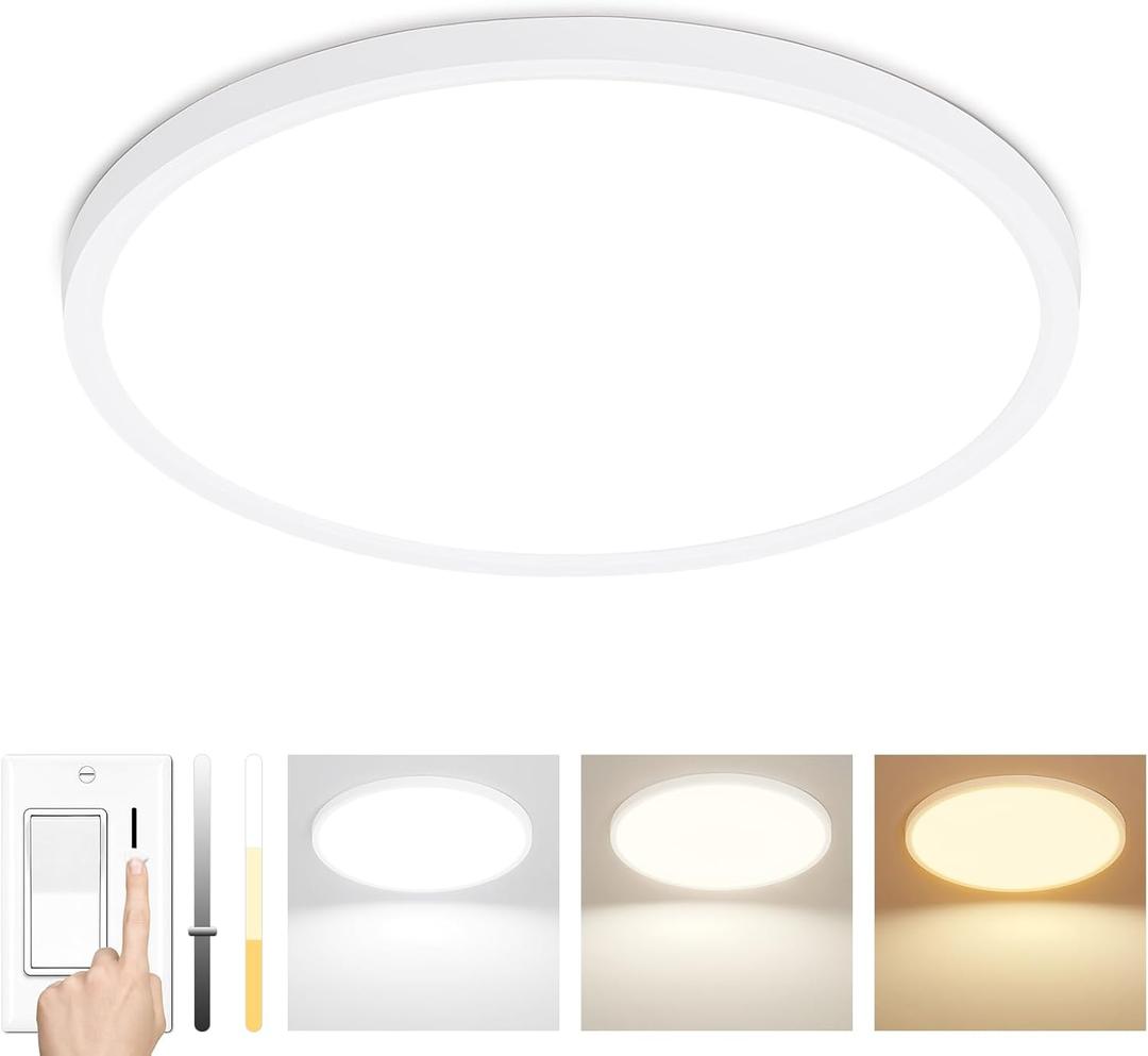 12Inch LED Flush Mount Ceiling Light  24 W 2400 LM Dimmable, 3-CCT Changeable (3000K/4000K/6000K), Ultra-Thin Modern Round Light Fixture for Kitchen, Dining Room, Bedroom, Office