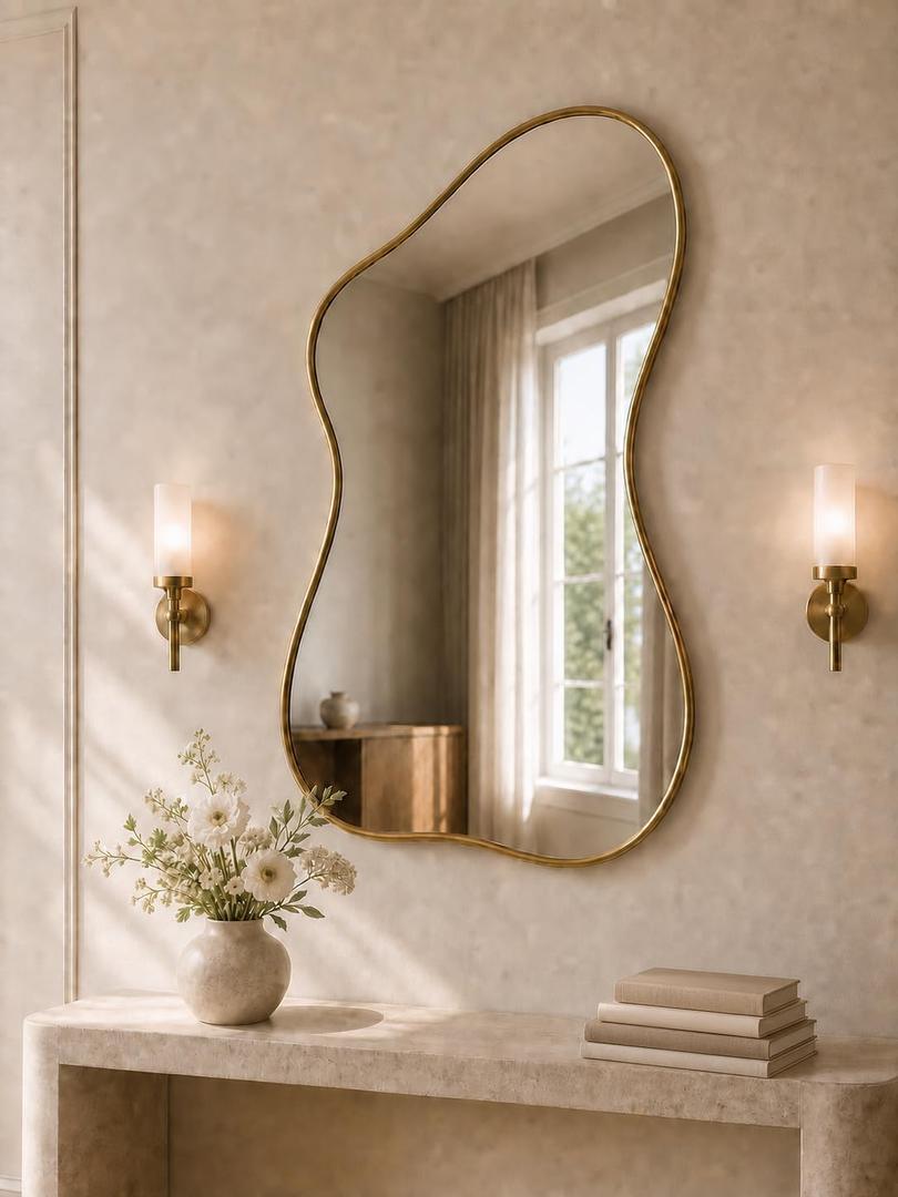 40''x26'' Irregular Wall Mirror with Gold Frame, Asymmetrical Abstract Decorative Mirror for Bedroom Living Room Entryway, Modern Organic Shaped Wall Mirror