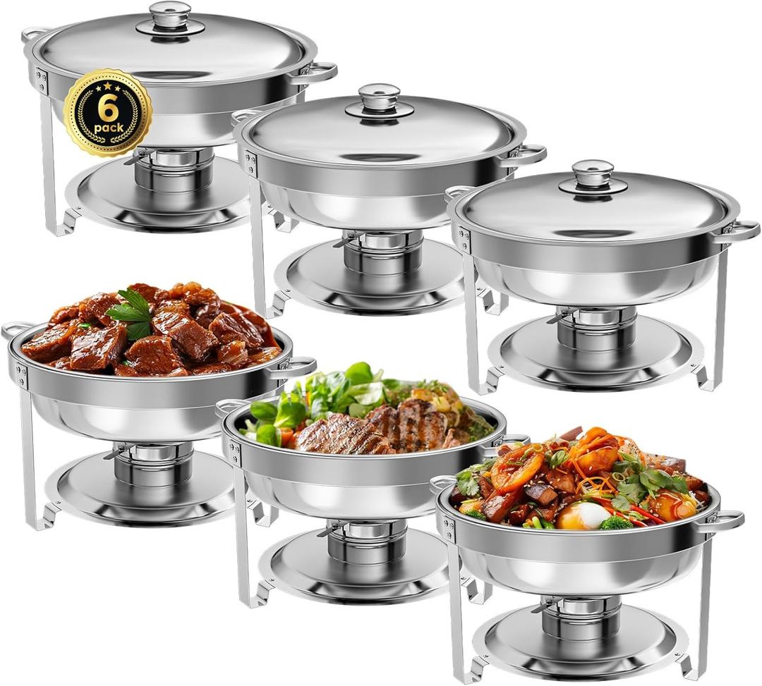 Chafing Dish Buffet Set of 3 Pack, 5QT Round Stainless Steel Chafer for Catering, Upgraded Chafers and Buffet Warmer Sets with Food & Water Pan, Lid, Frame, Fuel Holder for Event Party Holiday
