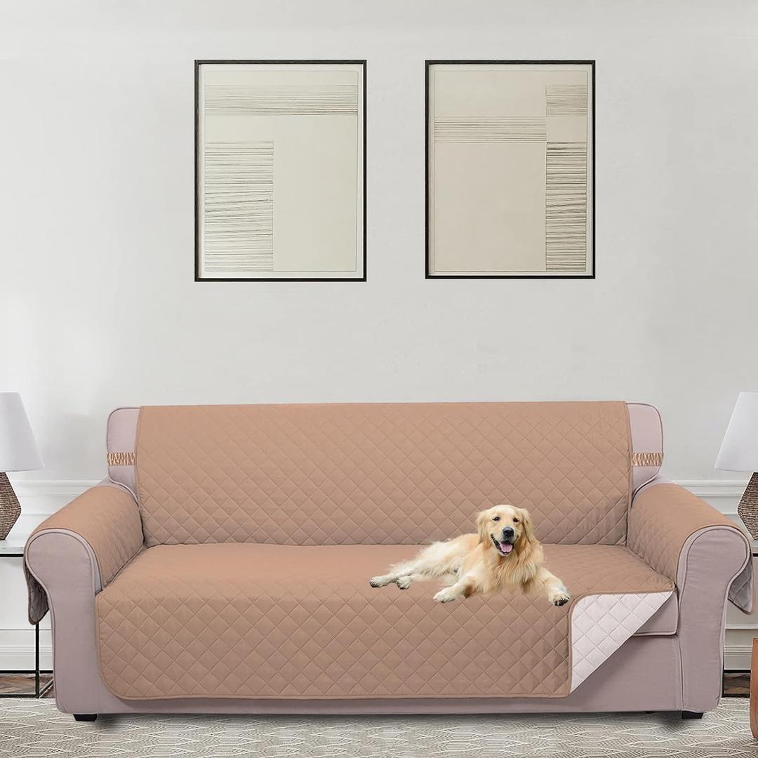 U-NICE HOME Reversible Sofa Cover Couch Cover for Dogs with Elastic Straps Water Resistant Furniture Protector for Pets Couch Cover for 3 Cushion Couch (Sofa, Camel/Ivory)