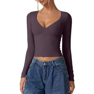 QINSEN Women's Long Sleeve V Neck T Shirts Double Lined Crop Top Seamed Cup Going Out Tops (Medium, Prune Purple)