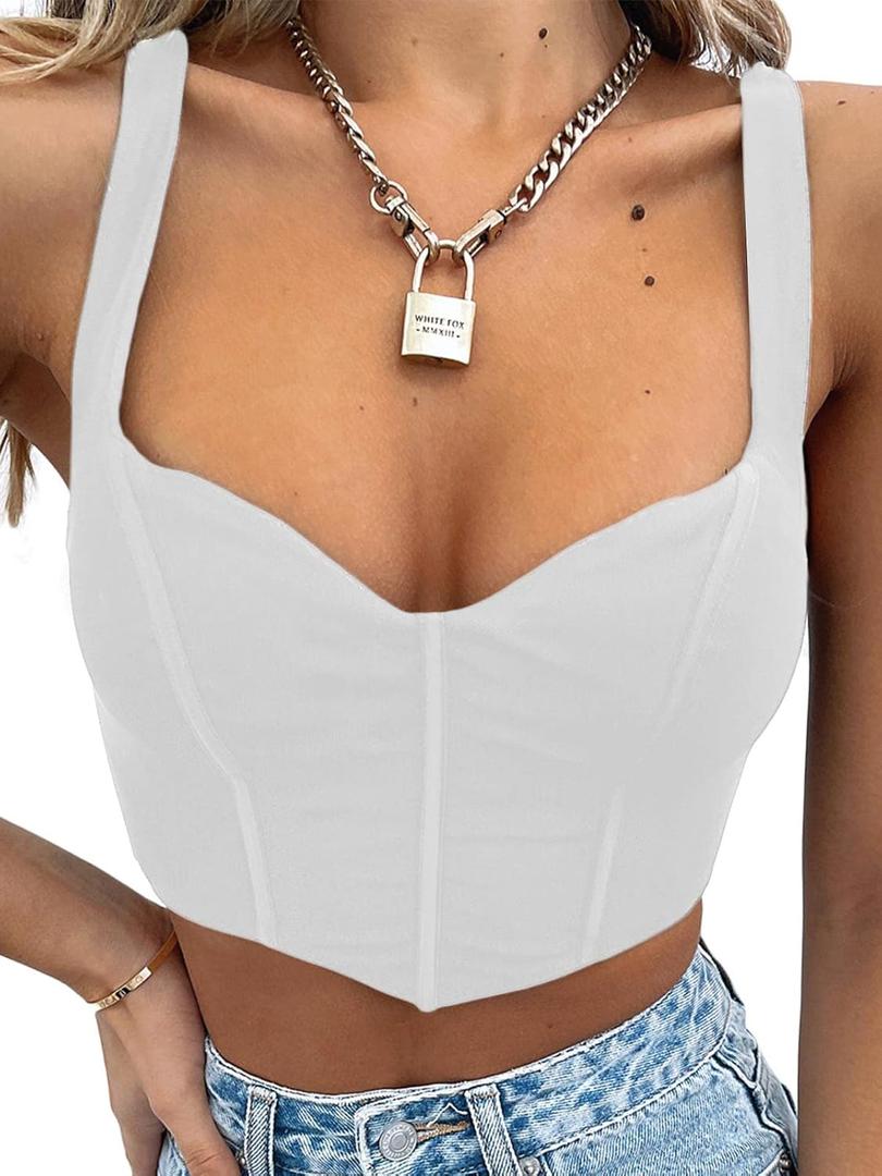 Women Y2k Corsets Square V Neck Double Lined Crop Tank Top Sexy Dance Tops (Small, 01-white)