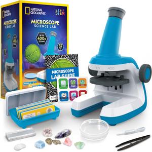 NATIONAL GEOGRAPHIC Microscope for Kids - Science Kit with an Easy-to-Use Kids Microscope, Up to 400x Zoom, Blank and Prepared Slides, Rock & Mineral Specimens, STEM Project Toy