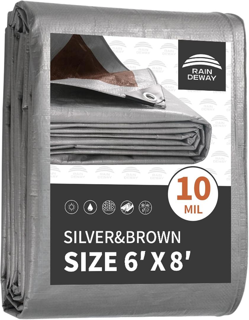 RAINDEWAY 6x8 Feet Tarps Heavy Duty Waterproof,10Mil Thick Multipurpose Poly Small Tarp Cover with Metal Grommets and Reinforced Edges,Silver/Brown Tarp