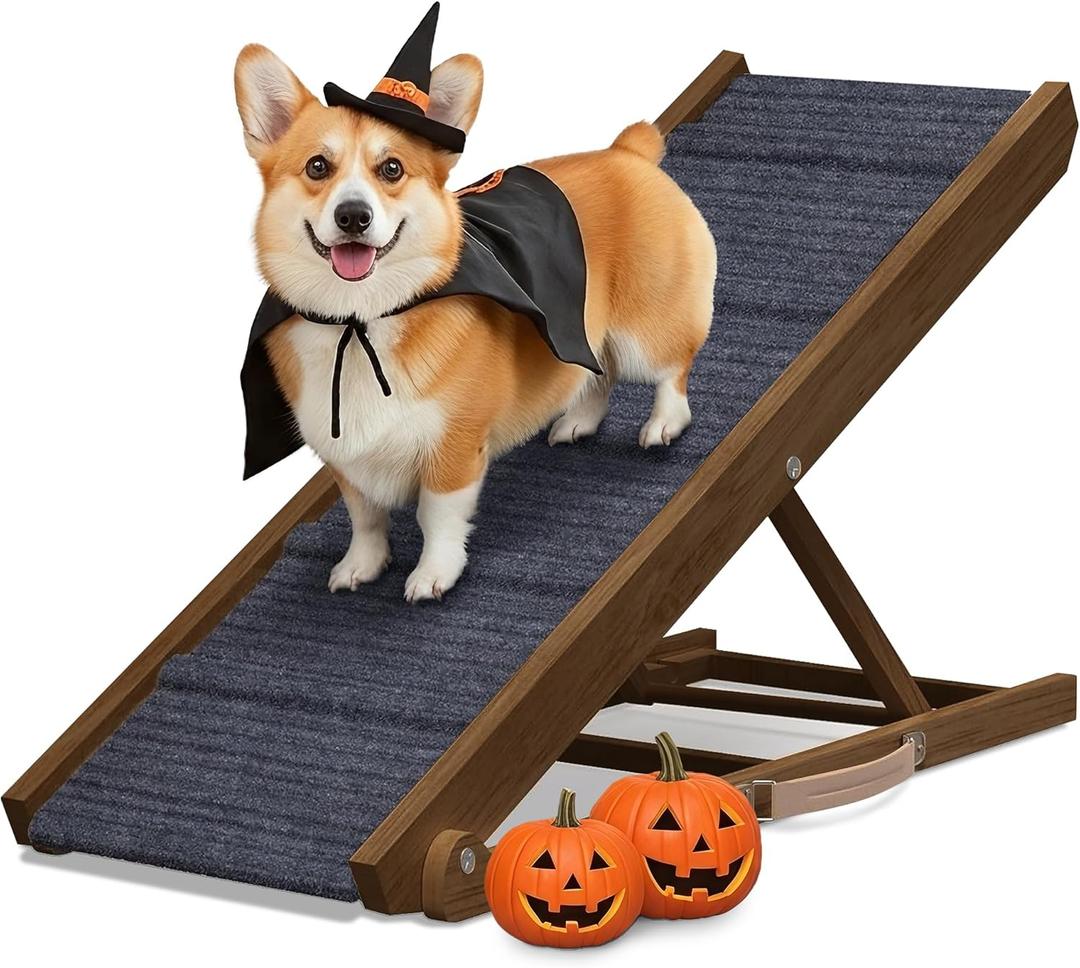 Adjustable Dog Ramp for Bed - Foldable Wooden Ramp for Dogs to Get on Bed, Couch, or Car with 13.4" Wide Walking Space (Walnut Wood with Gray Carpet, Medium)