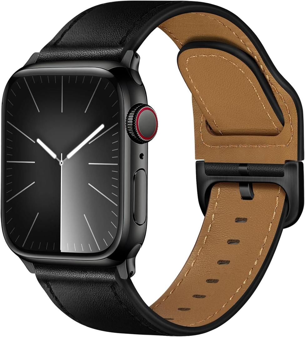 Leather Bands Compatible with Apple Watch Bands 42mm 41mm 40mm 38mm for Men Women, Genuine Leather Strap for iWatch Series 11 10 9 8 7 6 5 4 3 2 1 SE 3/2/1, Black/Black